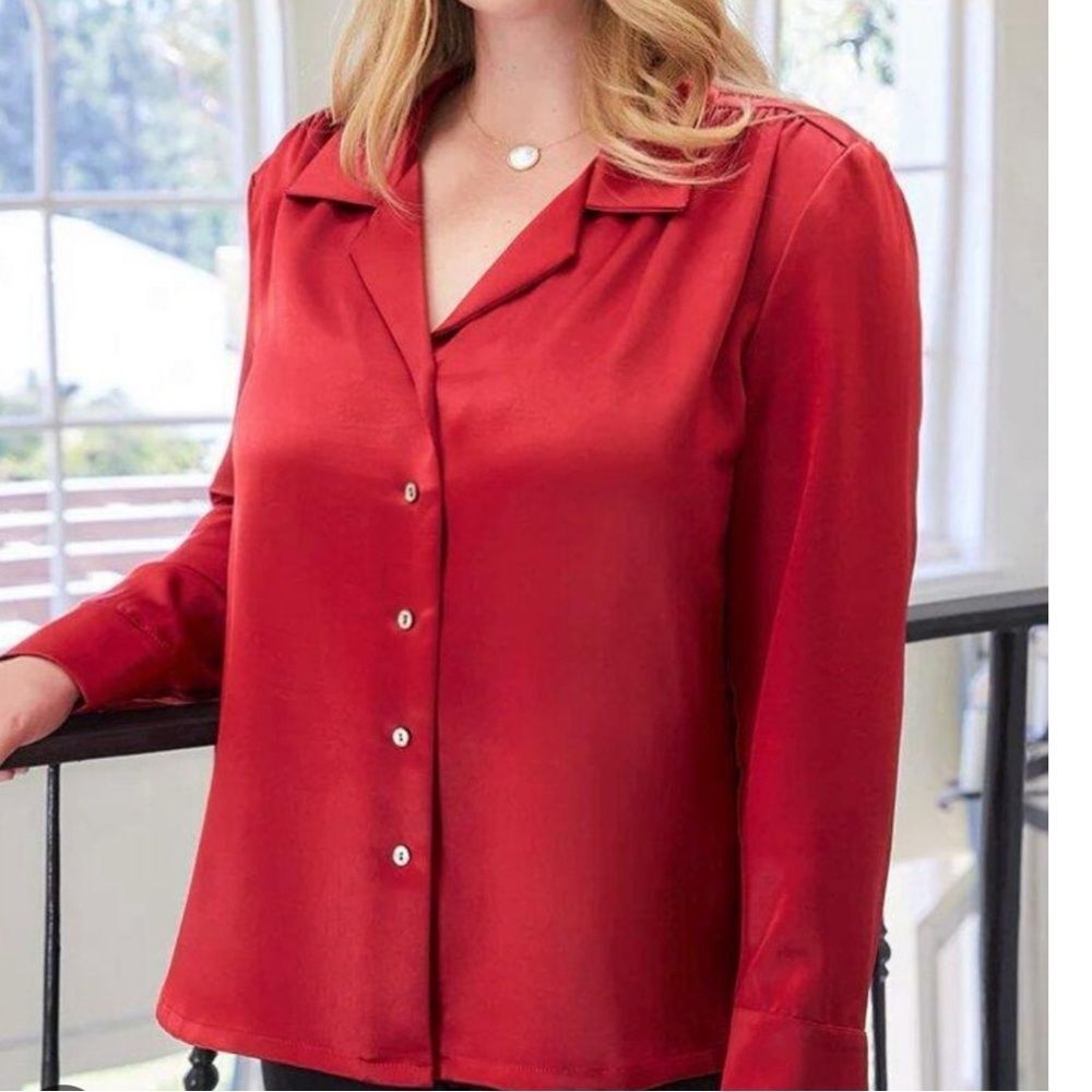Karen Kane Red Satin Button Down Shirt